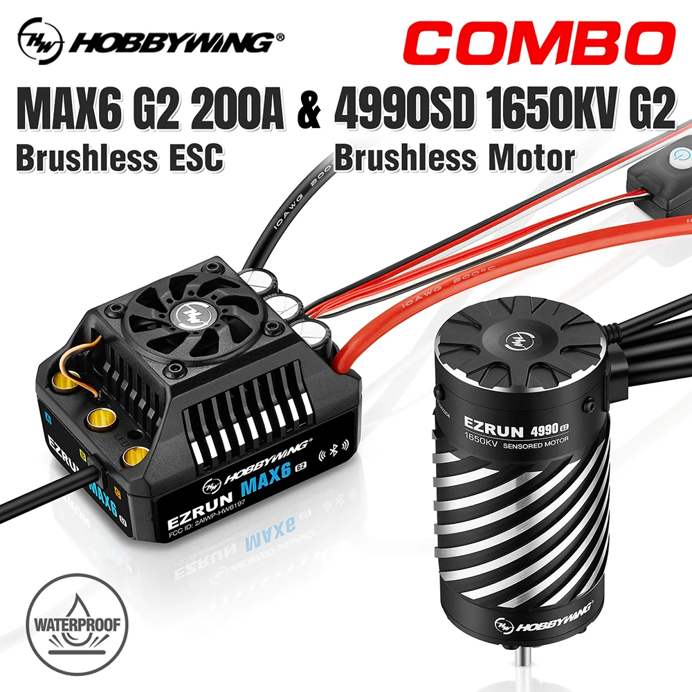 

HOBBYWING EZRUN MAX6 G2 ESC 200A Waterproof Brushless 3-8S Lipo 4990 1650KV G2 Motor Combo Set for 1/6 1/7 1/8 RC Car