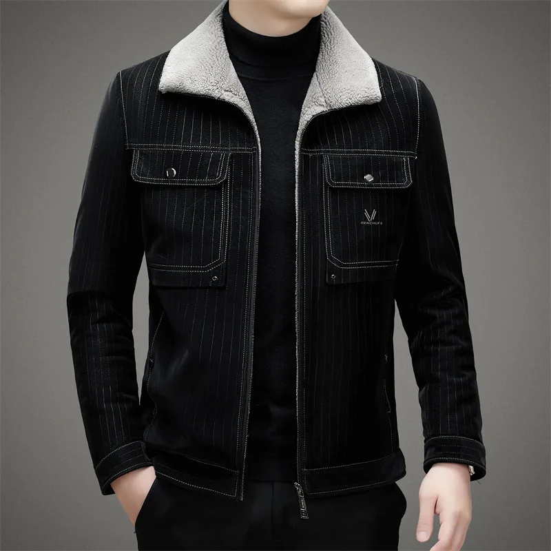 Down Jacket Men\'s Jacket Winter New Middle-aged Lapel Thickened Casual Vertical Stripe Leather Jacket