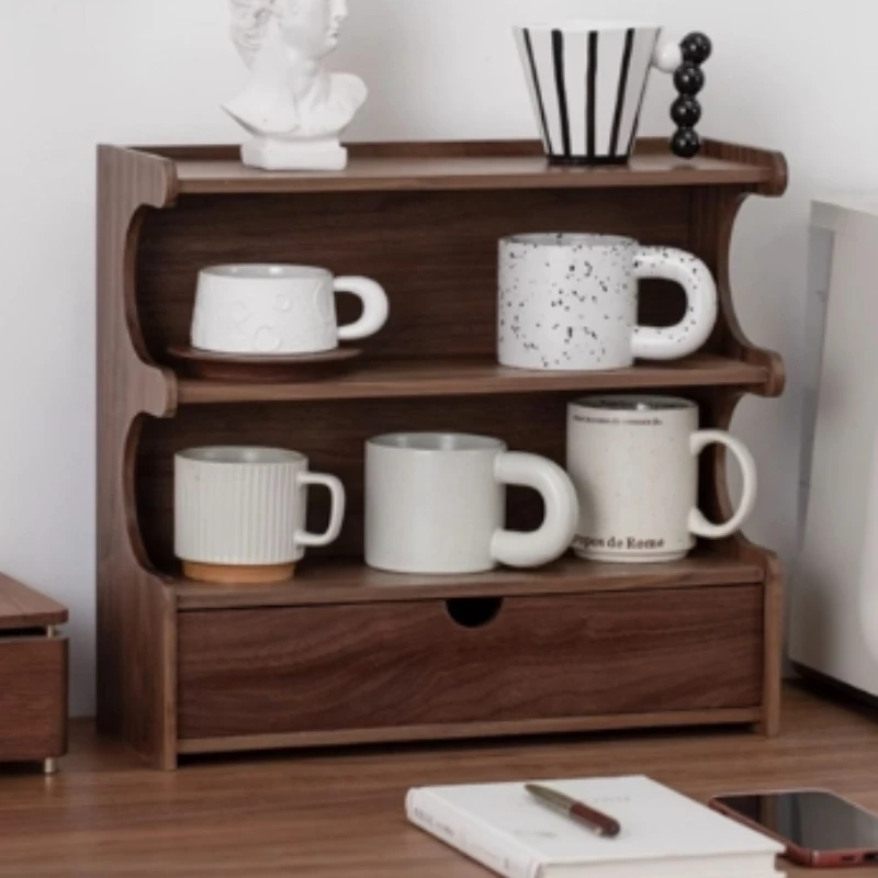 رف أكواب شاي الجوز، منظم كوب خشبي للطاولة، حامل عرض القهوة والشاي الفرنسي لتخزين طاولة الطعام والمطبخ المنزلي