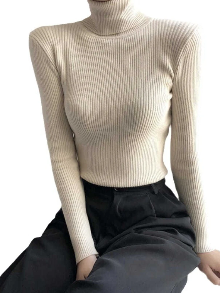 Autumn Winter 2025 Casual Turtleneck Warm Sweaters Long Sleeve Pullover Women Slim Solid Office Lady Knitted Sweater