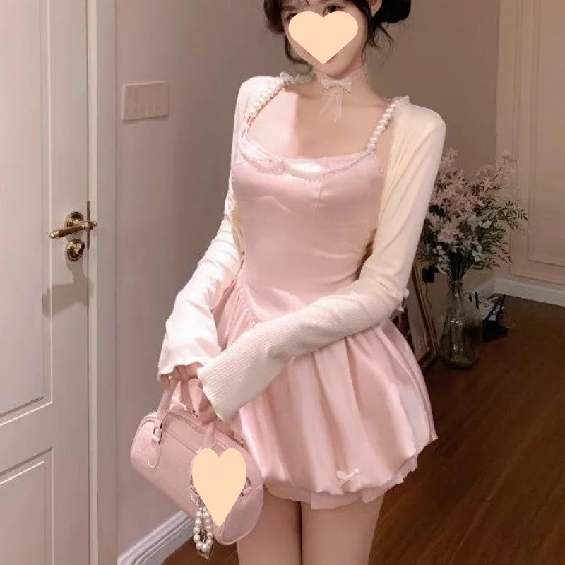 2025 neue Koreanische Süße Leibchen Kleid Taille Cinching Schlank Flauschigen Kurzen Rock frauen Sommer Oberbekleidung Strickjacke Top Zwei-stück Set