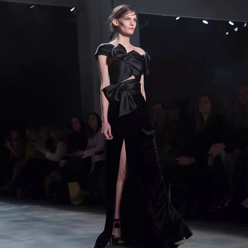 L321 New  Marchesa Black Satin and Velvet Memaid  فساتين السهرة vestidos de fiesta  فساتين سهره evening dresses