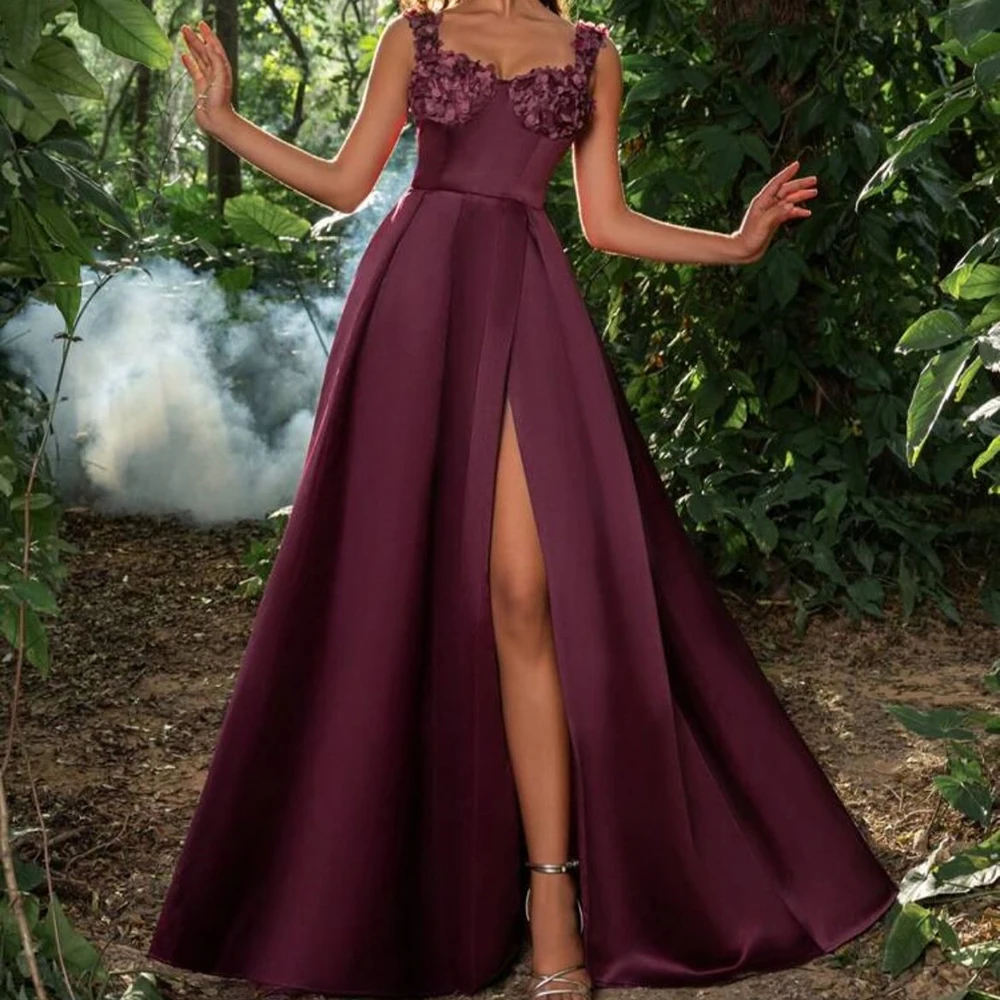 

Customized A-line Evening Dresses Floor-length Square Collar Sleeveless Prom Gown Fashion Flowers Simple Draped Party Gown