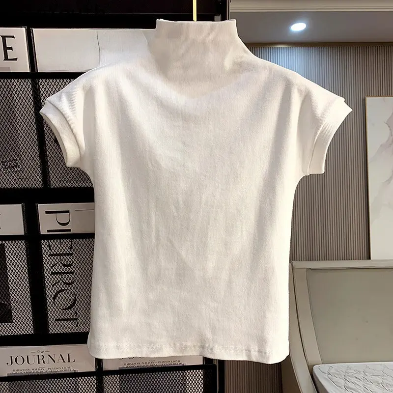 Summer Women T Shirt Half High Collar Short Sleeve Crop Tops Slim Fashion White Tees Casual Sexy Korean Y2k Tshirt Ropa Mujer