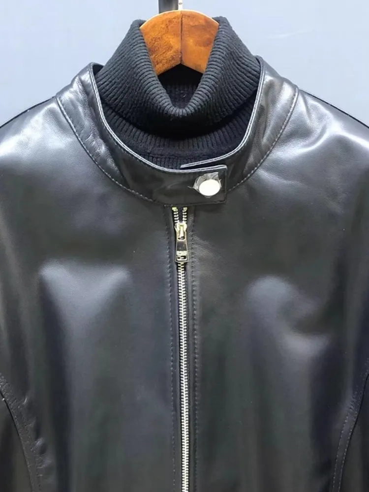 Giacca da donna in vera pelle di pecora vestibilità ampia autunno stile fidanzato con cerniera colletto alla coreana cappotto da motociclista giacche casual