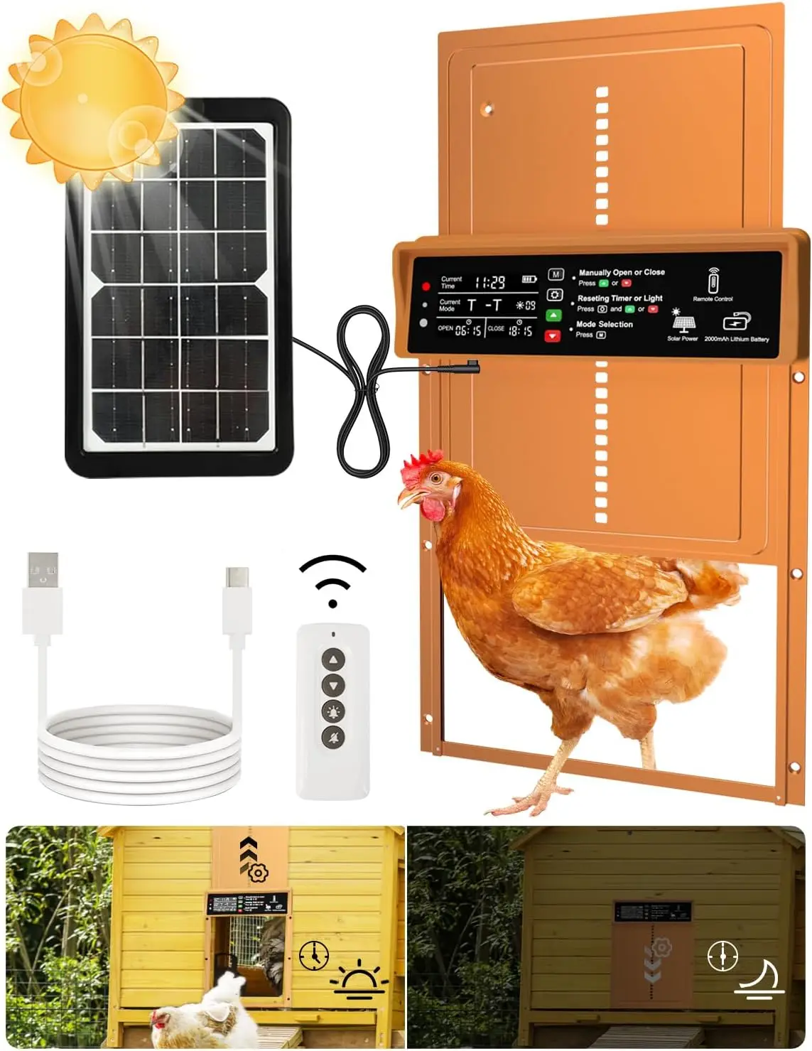 Automatic Chicken Coop Door Solar Powered Automatic Chicken Door with Timer & Light Sensor, Anti-Pinch, Durable Aluminum