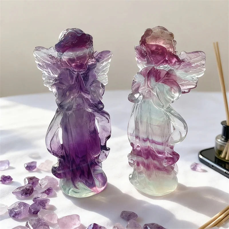 Natural Crystal Crafts Rainbow Fluorite Angel Healing Stone Princess Fairy Carving Gifts