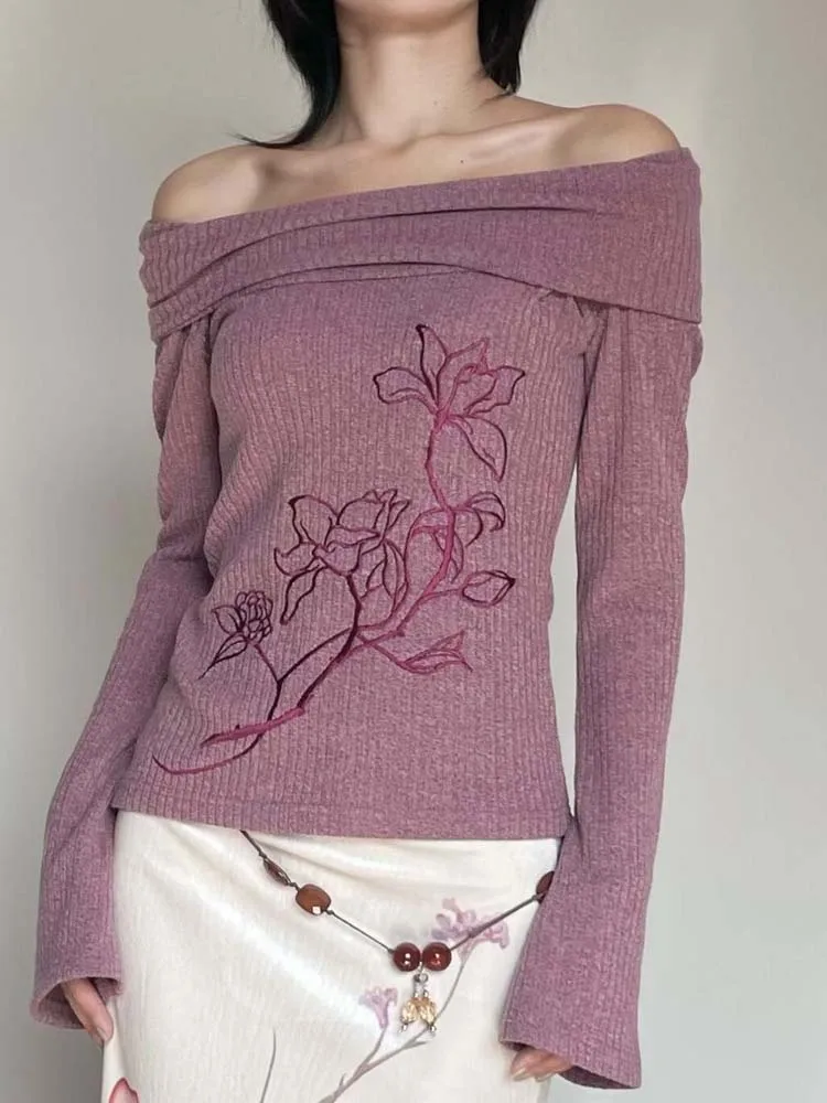 

Embroidery Flower Slash Neck Slim Knitted Tops Women Elegant Long Sleeve High Street Stretchy Knitwear Pullovers Thin Seweater