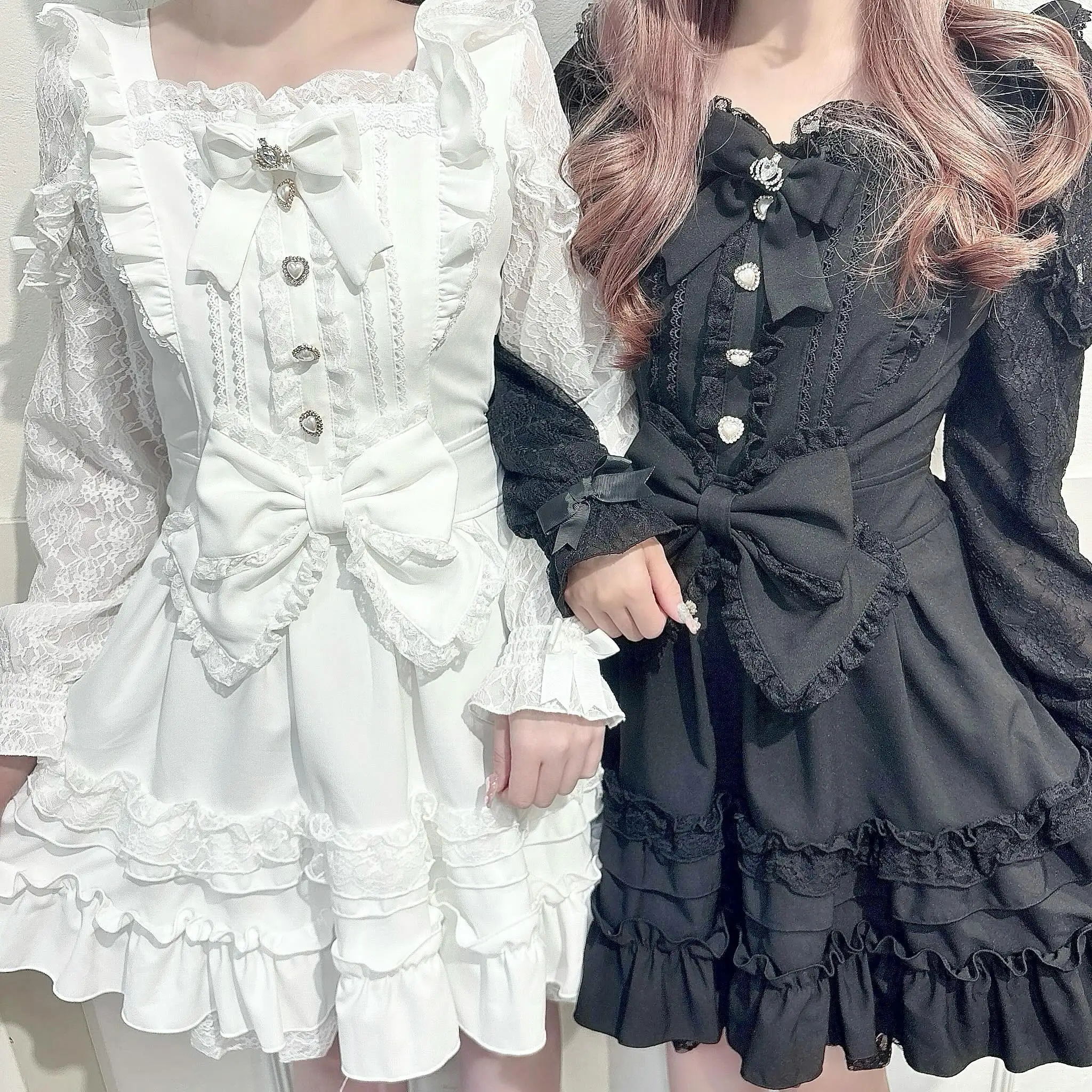 

Japanese Autumn Lolita Skirt Mass Production Sweet Lace Off-the-shoulder Long-sleeved Dress Cute Bow Ribbon Cake Skirt Women