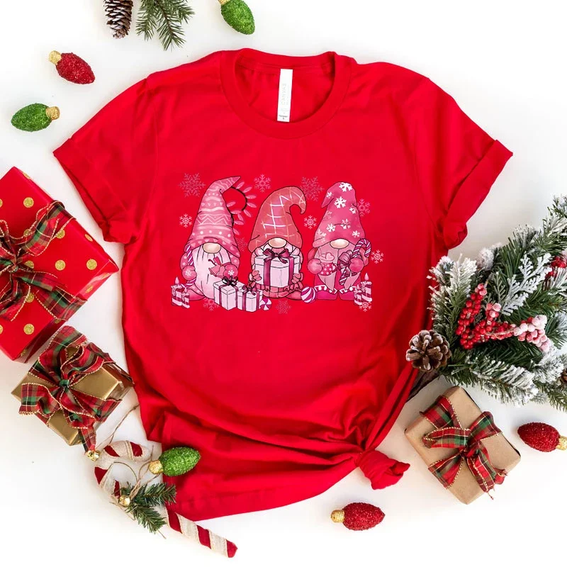 (High Quality Clothes)New Christmas Gnome Print Tshirt Female Casual Short Sleeve T-Shirt Women Fashion Christmas Gnome tops