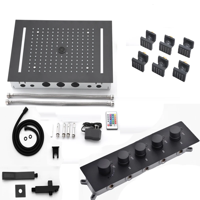 Bathroom Shower 20X14 inch Ceiling Bath Set Column Rain Black Thermostatic 4 Ways Mixer Body Jets Massage