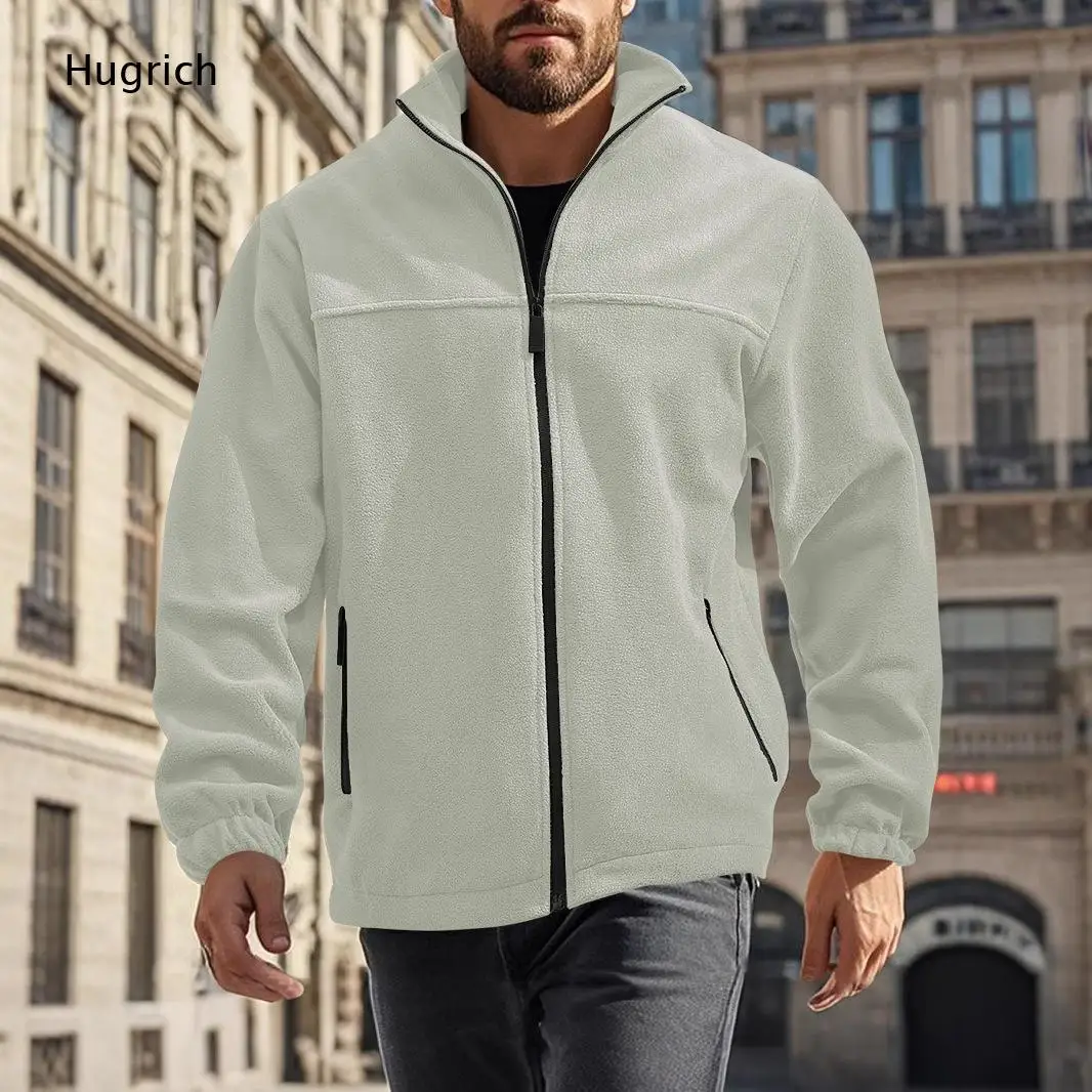 Gray Full Zip Stand Collar Polar Fleece Jacket Men Zipper Side Pockets Light Warm Hiking Travel Outdoor Thermal Layering Coat