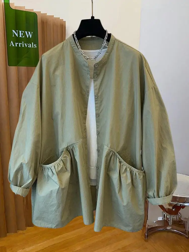 Three-dimensional Double-pocket Cotton Long-sleeved Shirt Women's Loose Casual 2026 Spring and Autumn New Trench Coats