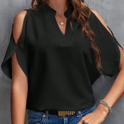 European and American women's clothing New solid color V-neck temperament fashion off-the-shoulder sleeve blouse