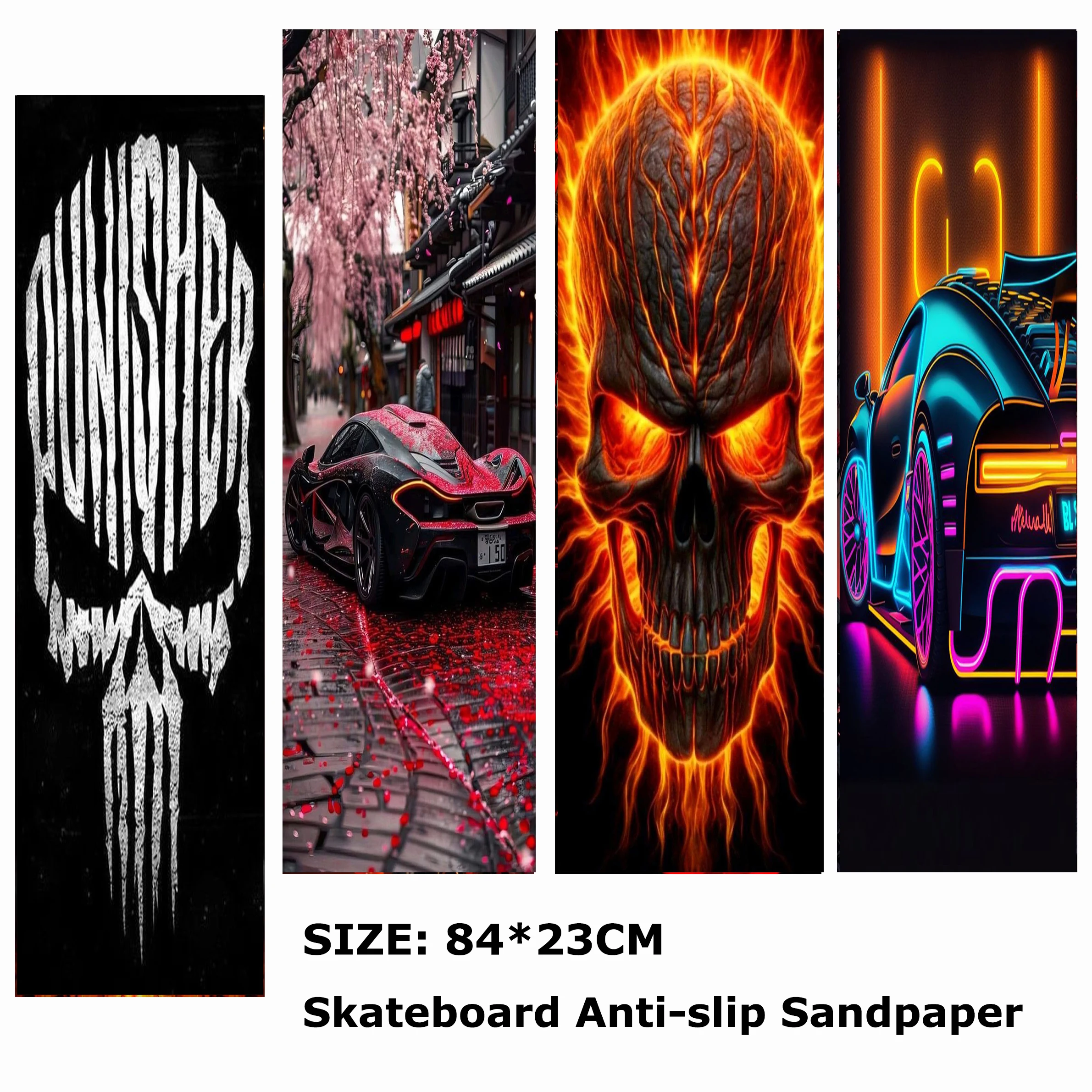 

Black and White Skull Colorful Car Pattern Electric Scooter Anti-slip Sticker Sandpaper Skateboard Grip Tape Sheet 84*23cm
