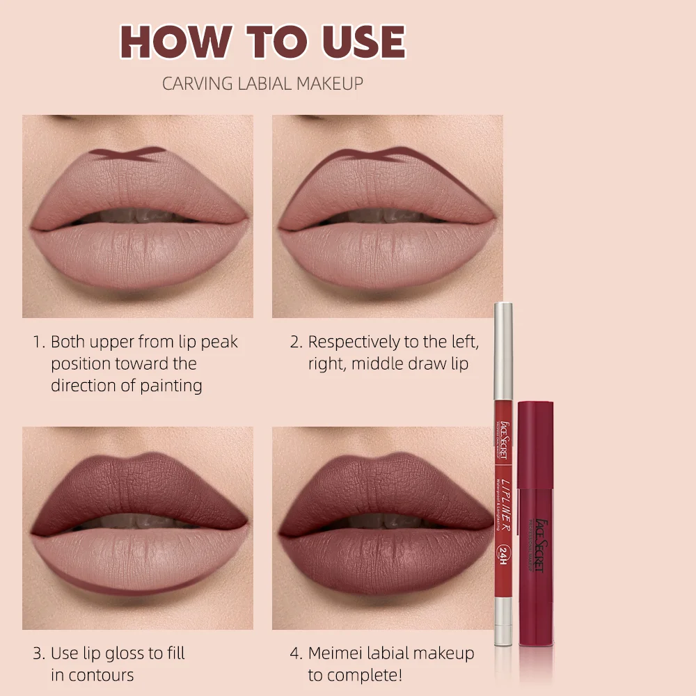 Matte Lipstick+Lip Liner Set,Long Lasting Waterproof Nude Soft Matte Color Rendering With a Built-in Pencil Sharpener