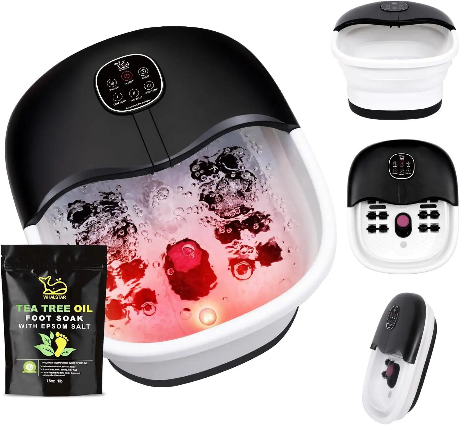 

Collapsible Foot Spa Bath Massager with Heat, Bubbles, Vibration & Jets, 16oz Tea Tree Oil Foot Soak with Epsom Salt, Red Light & Remote - Black