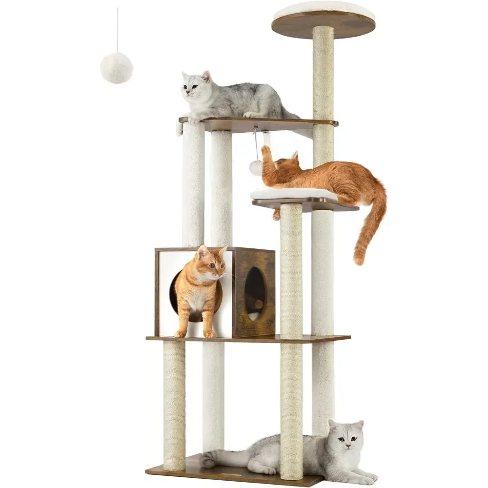 Trees for Cats Modern Indoor Cat Tower Tree of Cats With Scratcher Multi-storey Cat Apartment With 5 Scratching Columns Perch