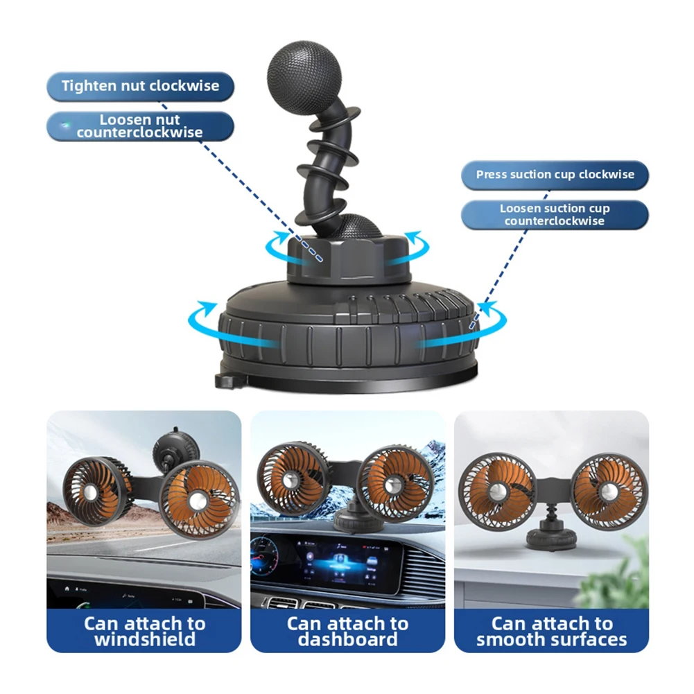 Suction Cup Fan Car Fan Air Circulation Strong Airflow Dual Head Design Suction Cup Mounting Suction Cup Mount