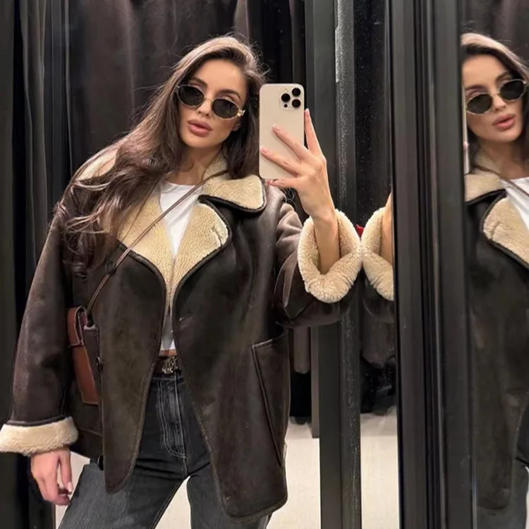 Women's Retro Brown Faux Leather Fleece Lapel Collar Button Pocket Loose Warm Winter Aviator Coat
