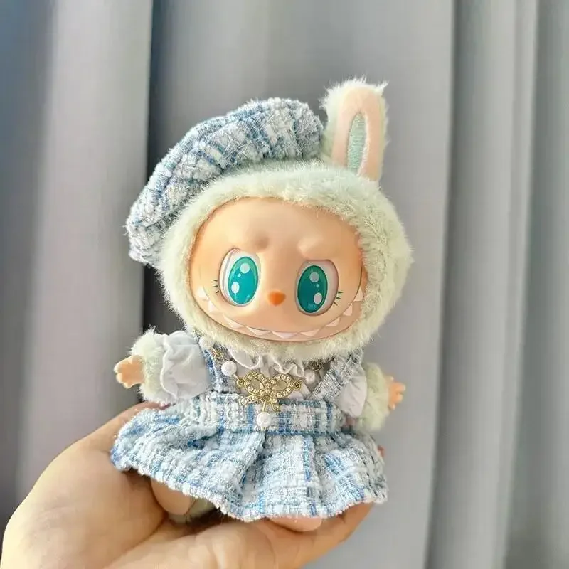 

Mini Doll'S Clothes Outfit For 15-17cm Labubu V1 V2 Classic Grid style Dress Cloak Set With Pearl Element Beret Clothing
