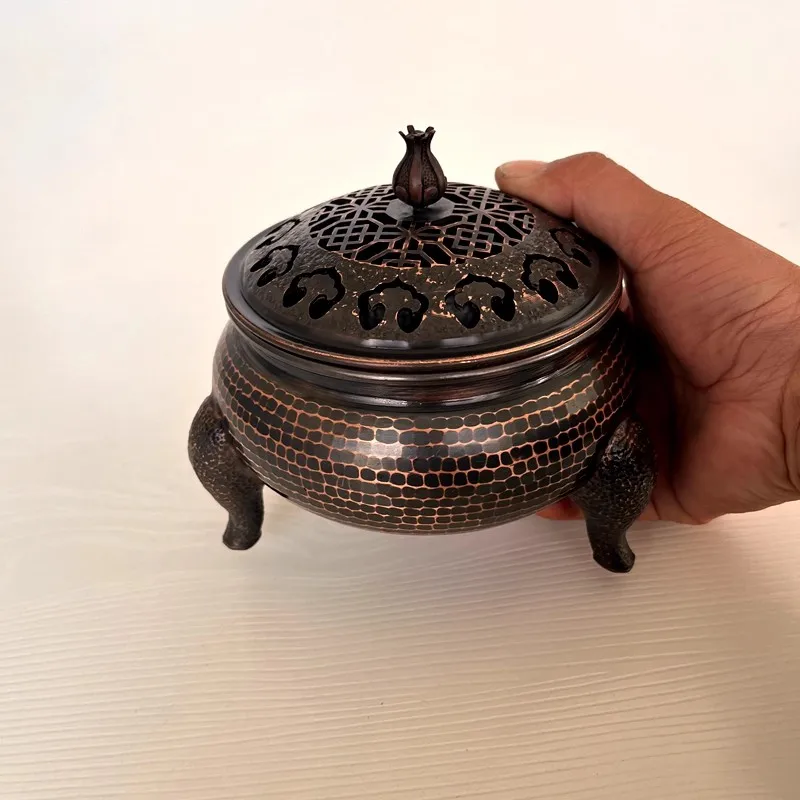 Chinese High Grade Classical Incense Burner Pure Copper Three-legged Tripod Hollow Tea Ceremony Utensil Hand Forged