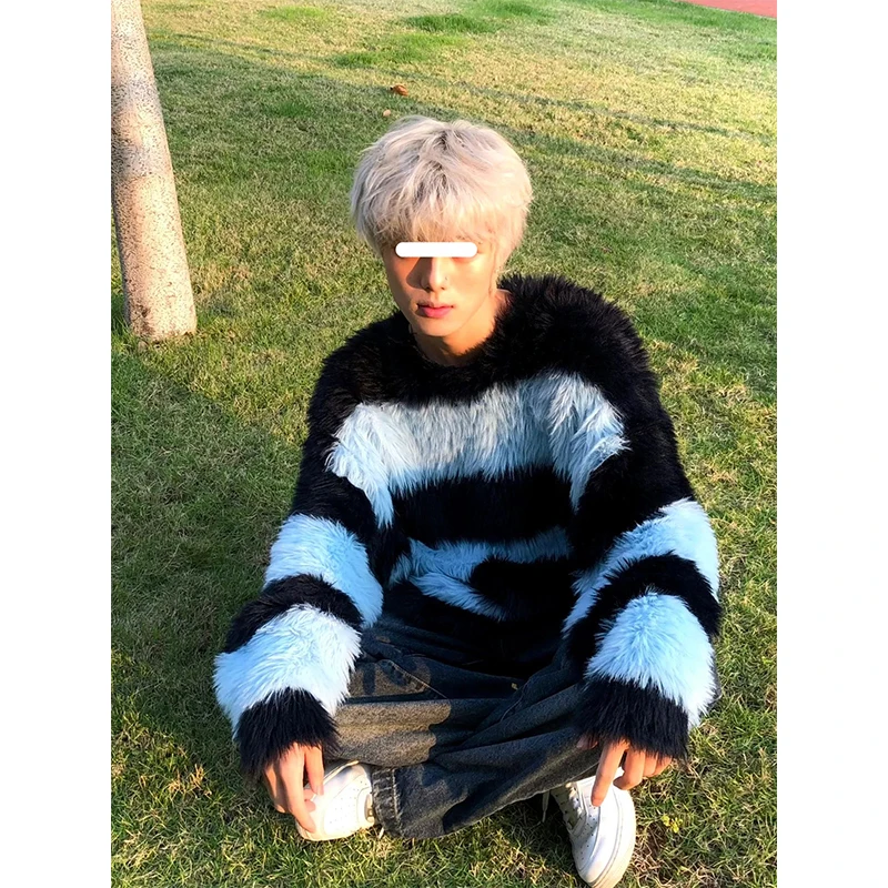 

Мужской свитер оверсайз с полосатым узором, имитация норки, повседневный, в американском ретро-стиле, с круглым вырезом, длинными рукавами