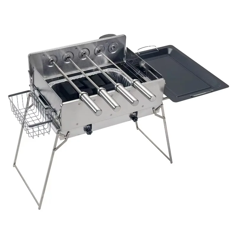 Folding Compact Portable Camping Home Travel Charcoal BBQ Grill with Electric Swing Skewers with EVA Bag