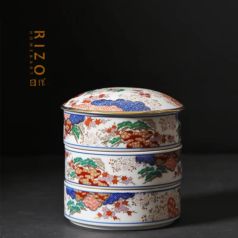 Japanese Imported Three-Layer Sushi Food Container Aritayaki Lunch Box Porcelain Hand Painted Spring and Autumn Tuck Box