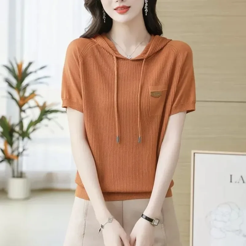 Hooded Sweatshirt Women's New Summer Versatile Solid Color Loose Foreign Style Hooded Thin Top