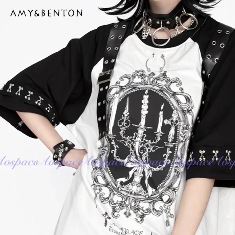 

Japanese Subculture Print Street Punk Style PU Button Round Neck Patchwork Color Oversized T-Shirt Summer Gothic Mid-Length Top