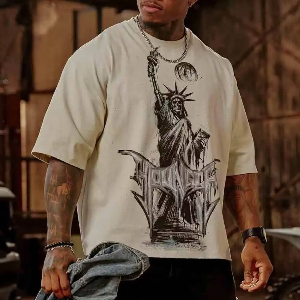 

YONGLA Statue of Liberty American Retro Oversized T-shirt Street Hip-hop Loose Cotton Short Sleeved Running Training Top