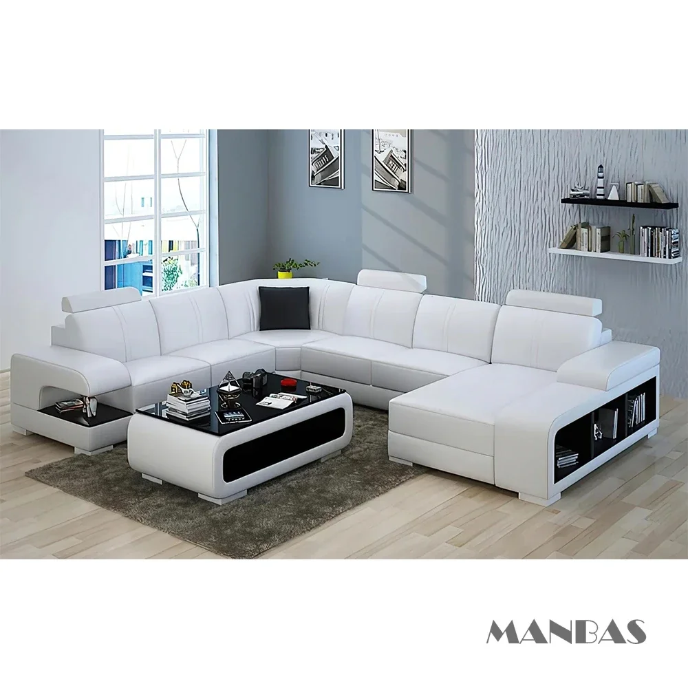 Linlamlim Modern U-Shape Italian Genuine Leather Sectional Sofa with LED Light for Living Room, Nordic Couch Sofas Seating Room