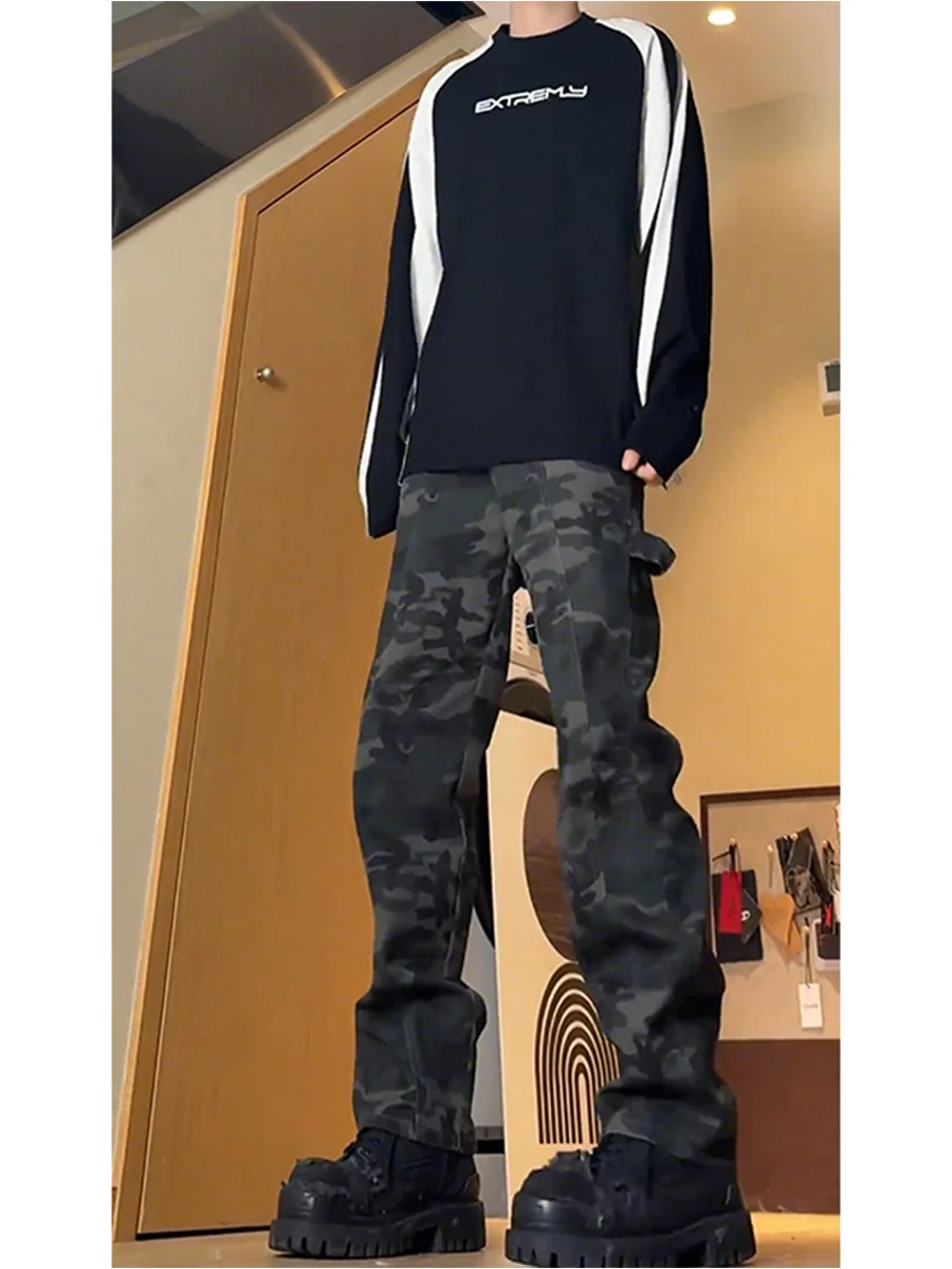 

American High Street Camouflage Pants Men's Spring Autumn High Waist Slimming Logging Straight Leg Workwear Jeans