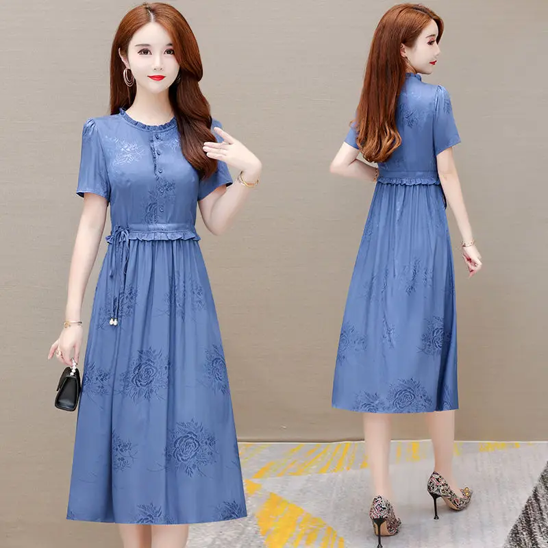 Vestito dalla fasciatura di moda Estate Nuove donne Manica corta Abito a trapezio High End Elegante fiore sottile Abiti femminili 4XL Y1216