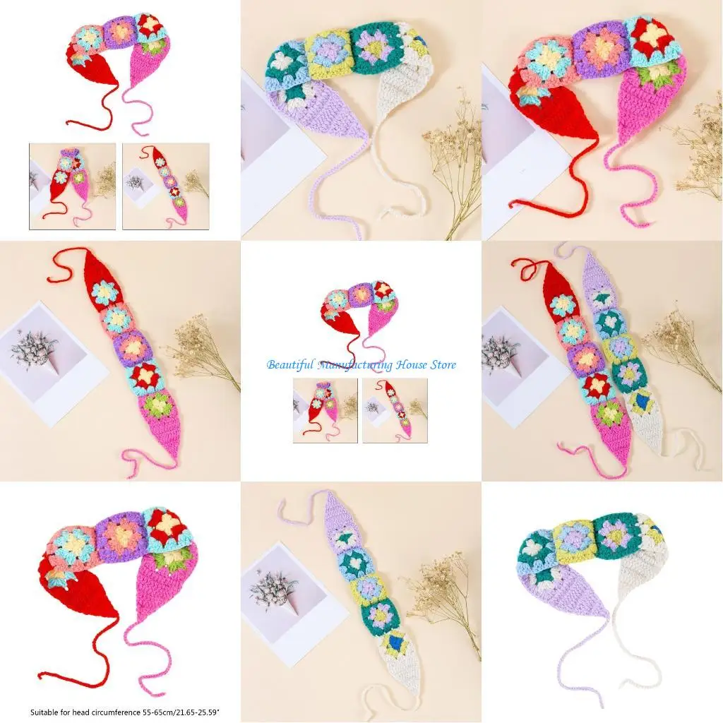 

E56A Unique Women Flower Hairband Crochet Rectangle Turban Sweet Elastic Hairbands Turban Spring Summer Hair Accessories