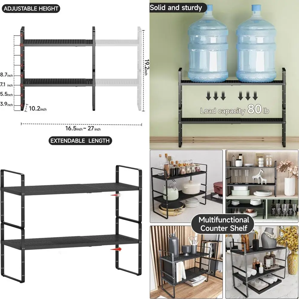 Adjustable 16.5-27 Expandable Cabinet Spice Rack, Stackable Metal Countertop Organizer for Kitchen Storage
