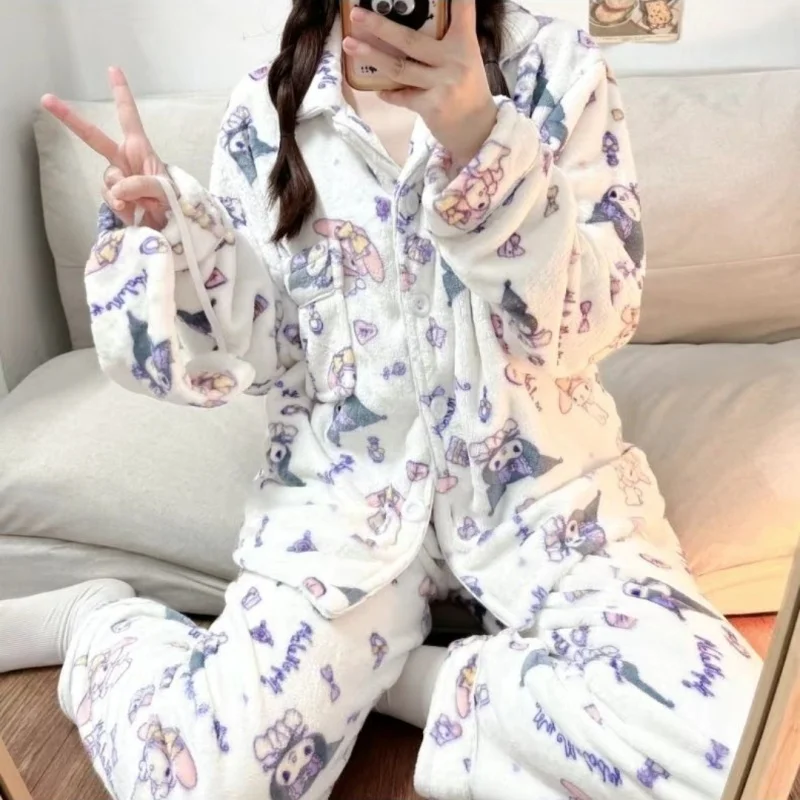 Winter Women's Hello Kitty Pajama Set Cartoon Flannel Pajamas Thickened Fluffy Plush Warm Comfortable Loose High Quality