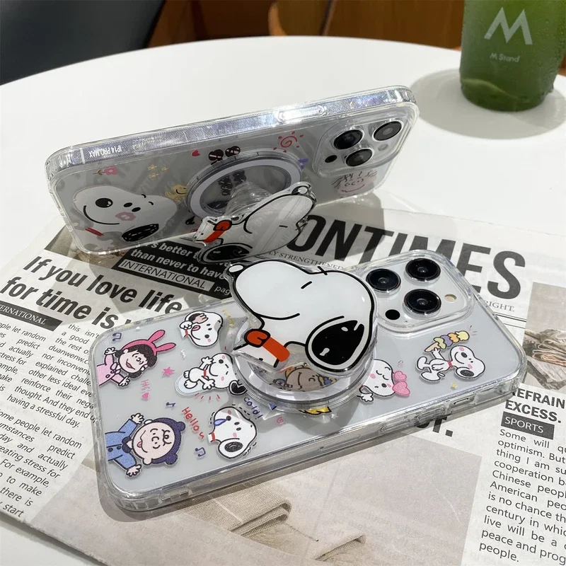 Cute Cartoon Snoopy Charlie Brown Magnetic Holder Magsafe Wireless Charge Phone Case For iPhone 15 14 13 12 Pro Max Hard Cover