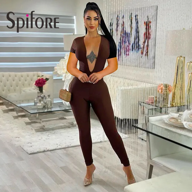 

Spifore Sexy Backless Skinny Women Jumpsuits Short Sleeve Deep V Neck One Piece Rompers Fashion High Street Party Club Overalls