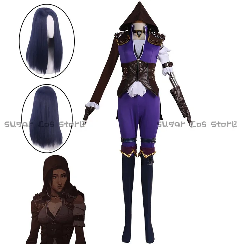 

Game Arcane LOL The Sheriff of Piltover Caitlyn Cosplay Costume Wig Black Blue Hair Outfit Props Halloween Party For Women Menc;