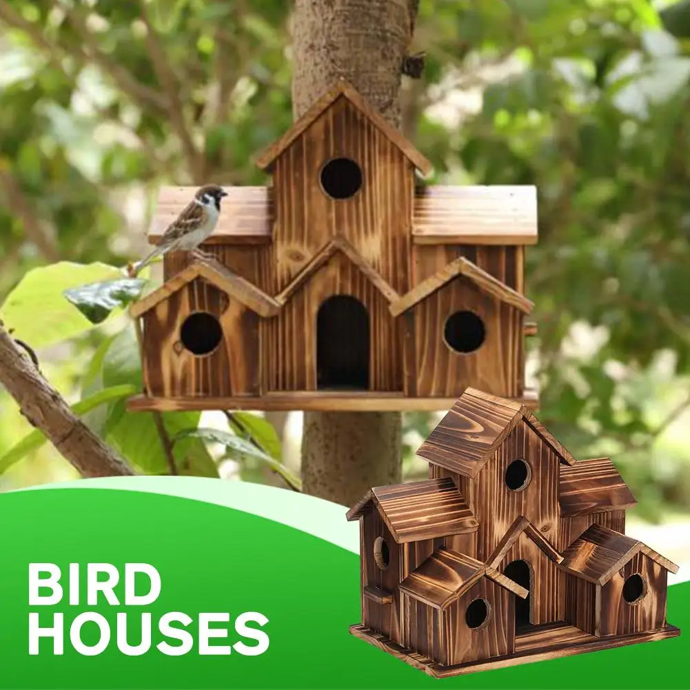 Wooden Outdoor Parrot And Hummingbird Nest Countryside Pendant Solid Wood Decoration Bird Feeder Hanging Bird House