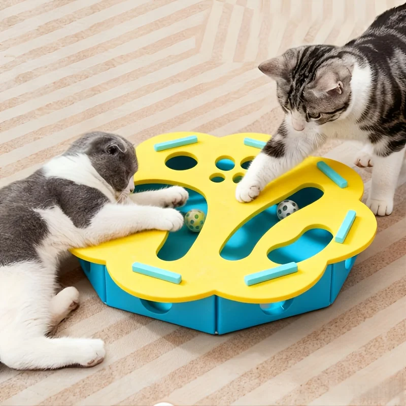 Cat Interactive Puzzle Game Box With Paw Prints 3 Random Hidden Balls Durable Plastic Intelligence Toy No Battery Indoor Play