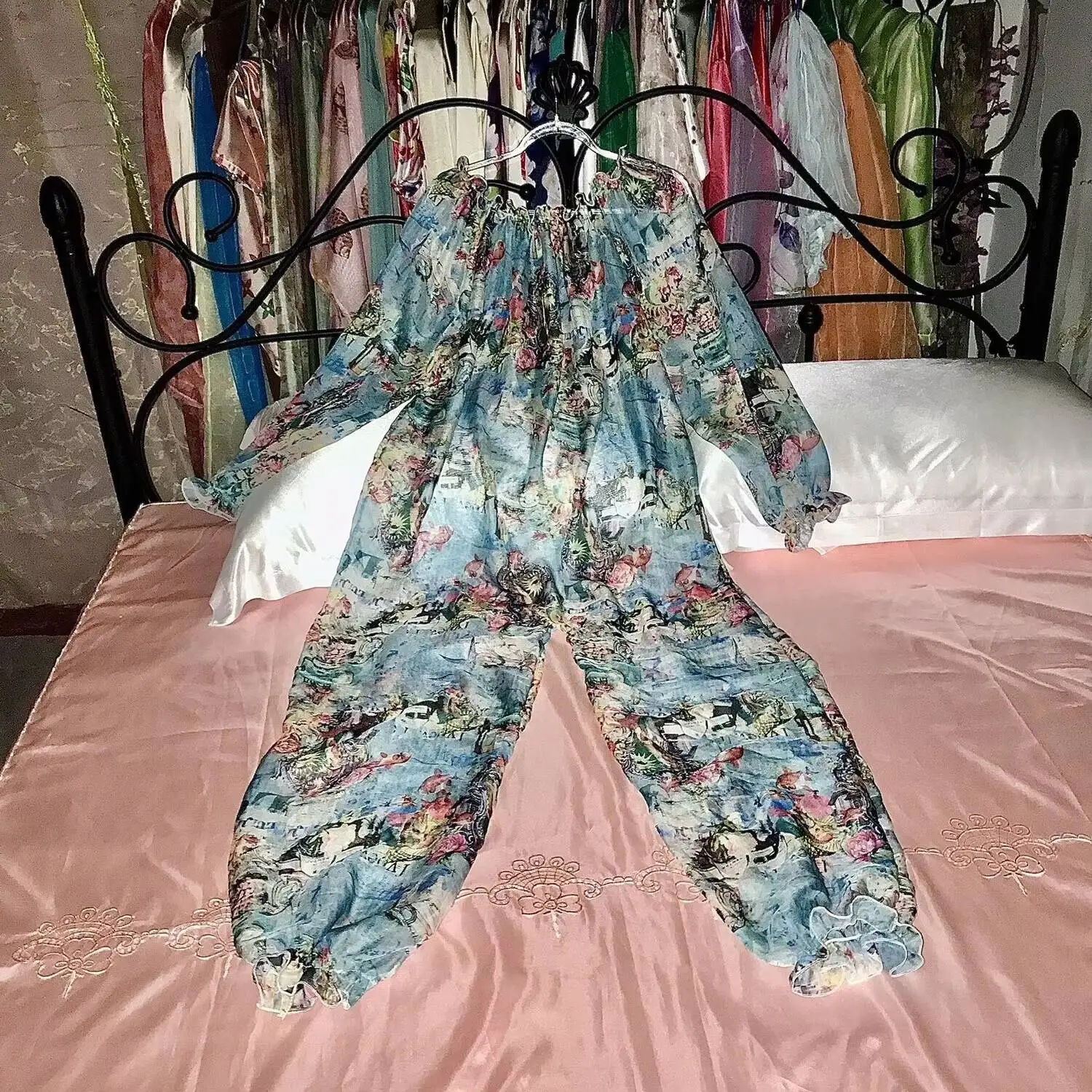 가을 봄 메쉬 점프수트 섹시 여성 긴팔 잠옷 루즈핏 커프스 팬츠 비치웨어