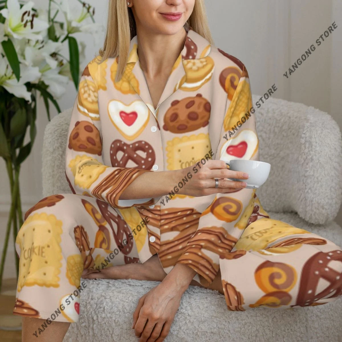 

Spring Autumn Pajama Set Women's Long Sleeve Pants Two Piece Cookie Cakes Sweet Homemade Breakfast Bake Food Home Furnishing Set