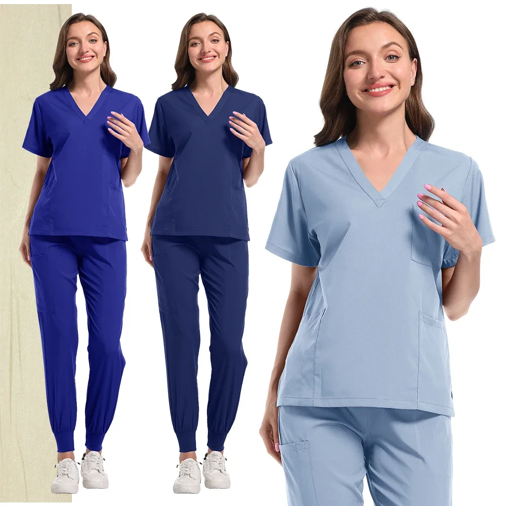 Nuovo Scrub Set Uniformi mediche Scrub elasticizzato Top con pantaloni tascabili Uniforme da infermiera Tuta da medico per chirurgia Abbigliamento da lavoro per salone di bellezza