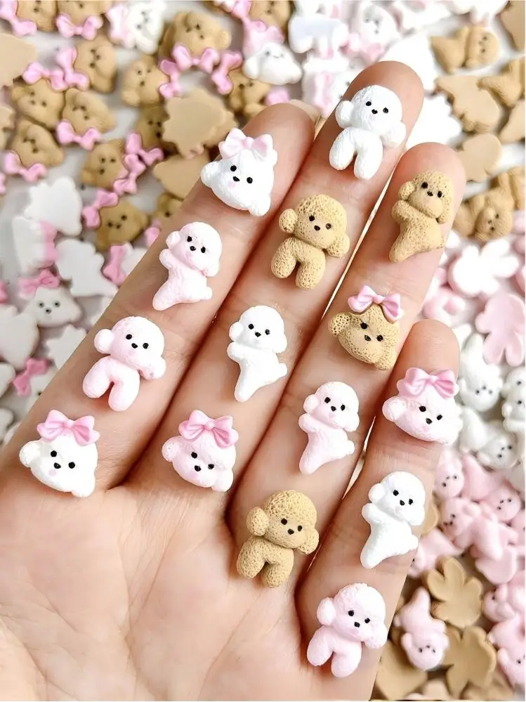 10pcs Mixed Dog Bow Nail Charms – 3D Cute Brown Teddy & White Bichon Resin Flatbacks, Sweet Style DIY Nail Art Accessories for M