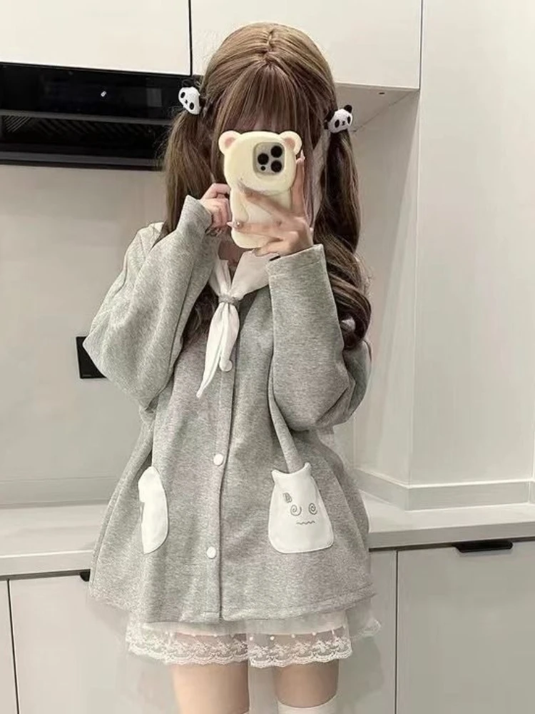 

Japanese Y2K Kawaii Thin Navy Collar Aesthetic Long Sleeve Hoodie Jacket Women's Spring Autumn New Cardigan Cute Loose Outerwear