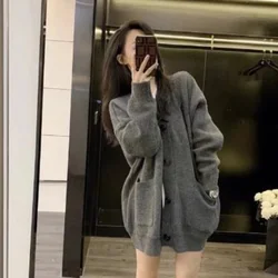 Winter Button Graphic V-neck Knit Tops For Woman Cardigan Long Grey Women's Sweater In Promotion Cheap And Korean Style Offers