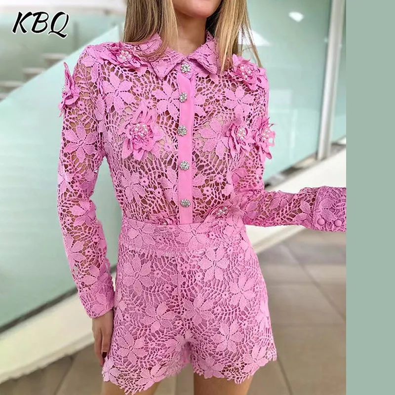 

KBQ Embroidery Two Piece Set For Women Lapel Long Sleeve Patchwork Button Shirt High Waist Shorts Casual Sets Female Fashion New